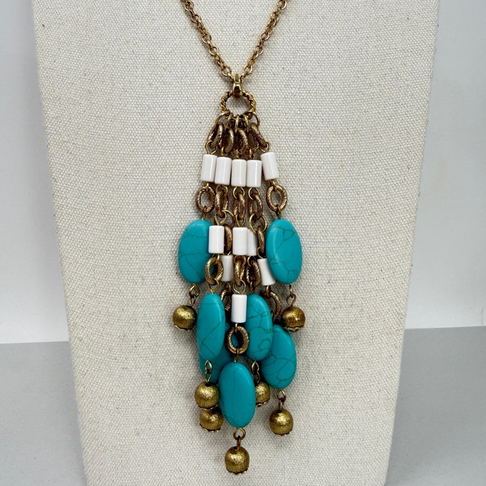 Lilly Pulitzer Tassel Necklace Beaded Boho Resort Statement Long Gold Tone